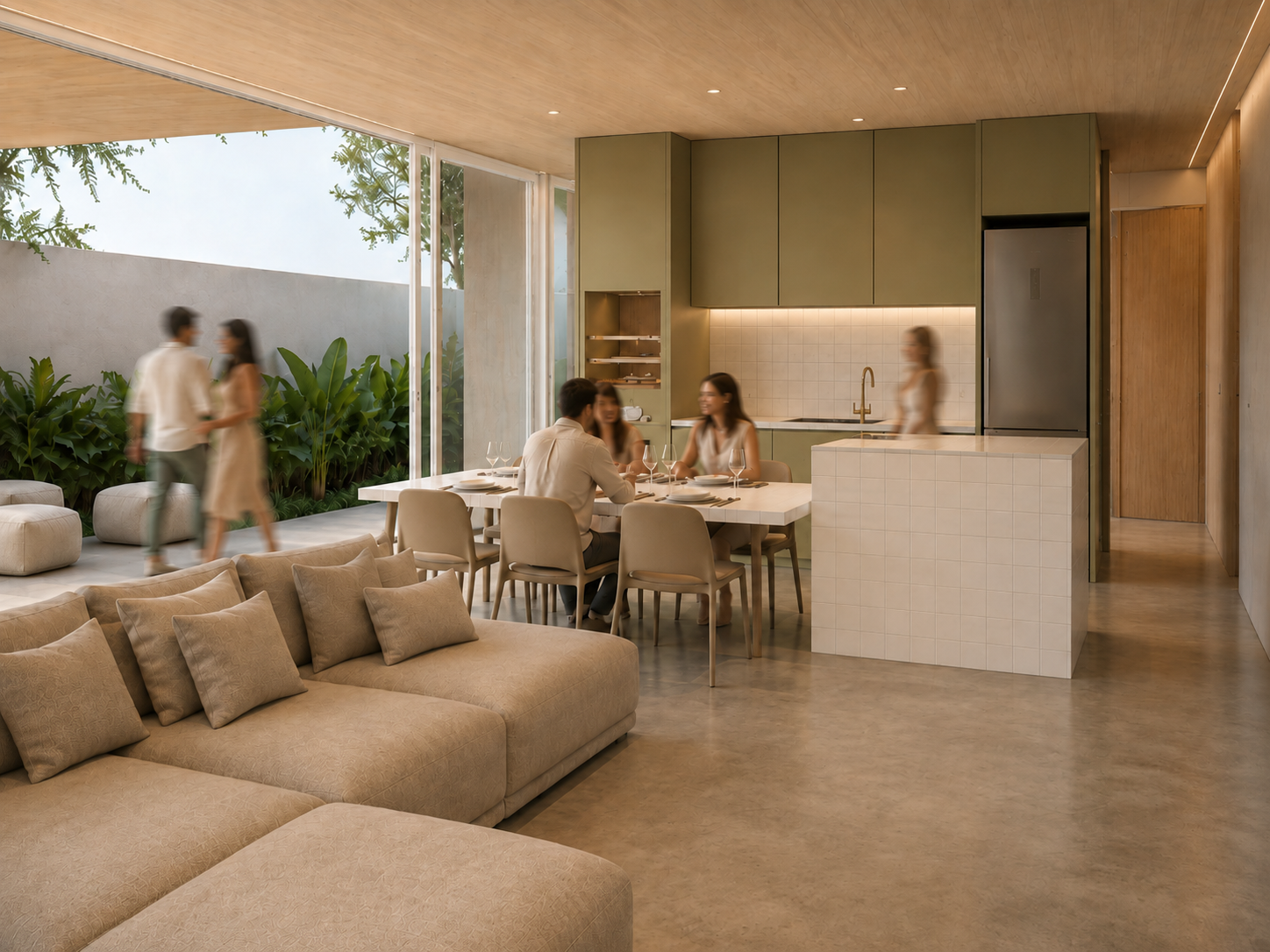 Sala e cozinha integradas ao jardim, com pessoas reunidas à mesa
