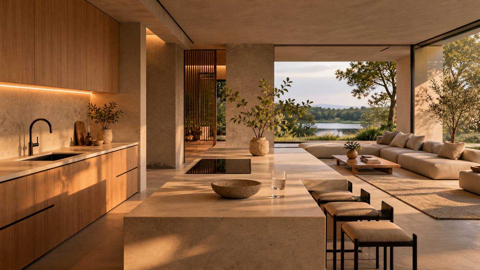 Cozinha e sala integradas com vista para o lago e o jardim