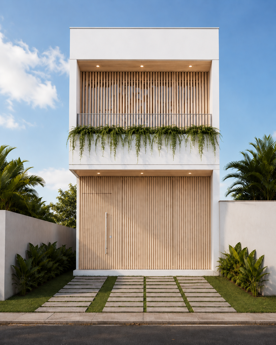 Fachada da casa VBB 80 com brises de madeira e jardim